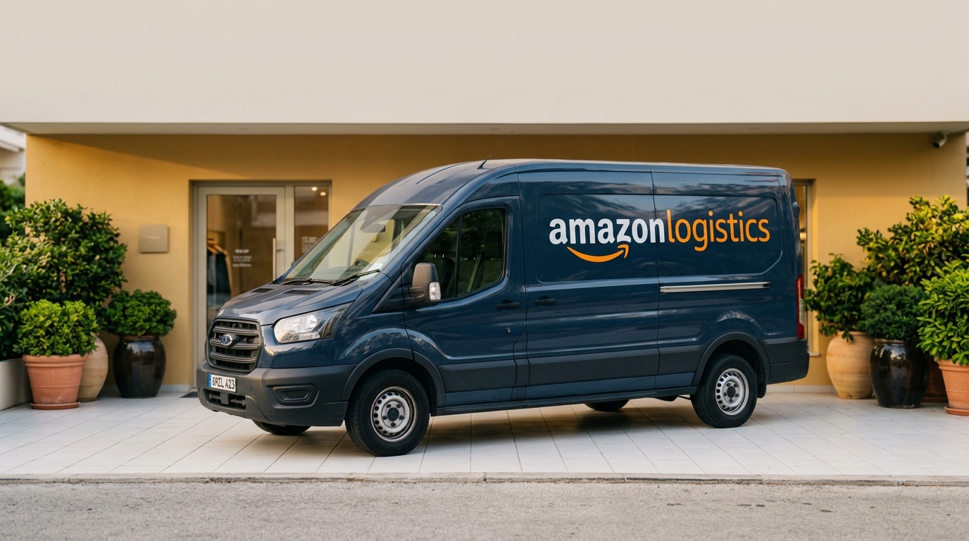 Van de entrega Amazon Logistics azul parada em frente à Braz Log, com identidade visual Amazon em destaque e a fachada da loja ao fundo
