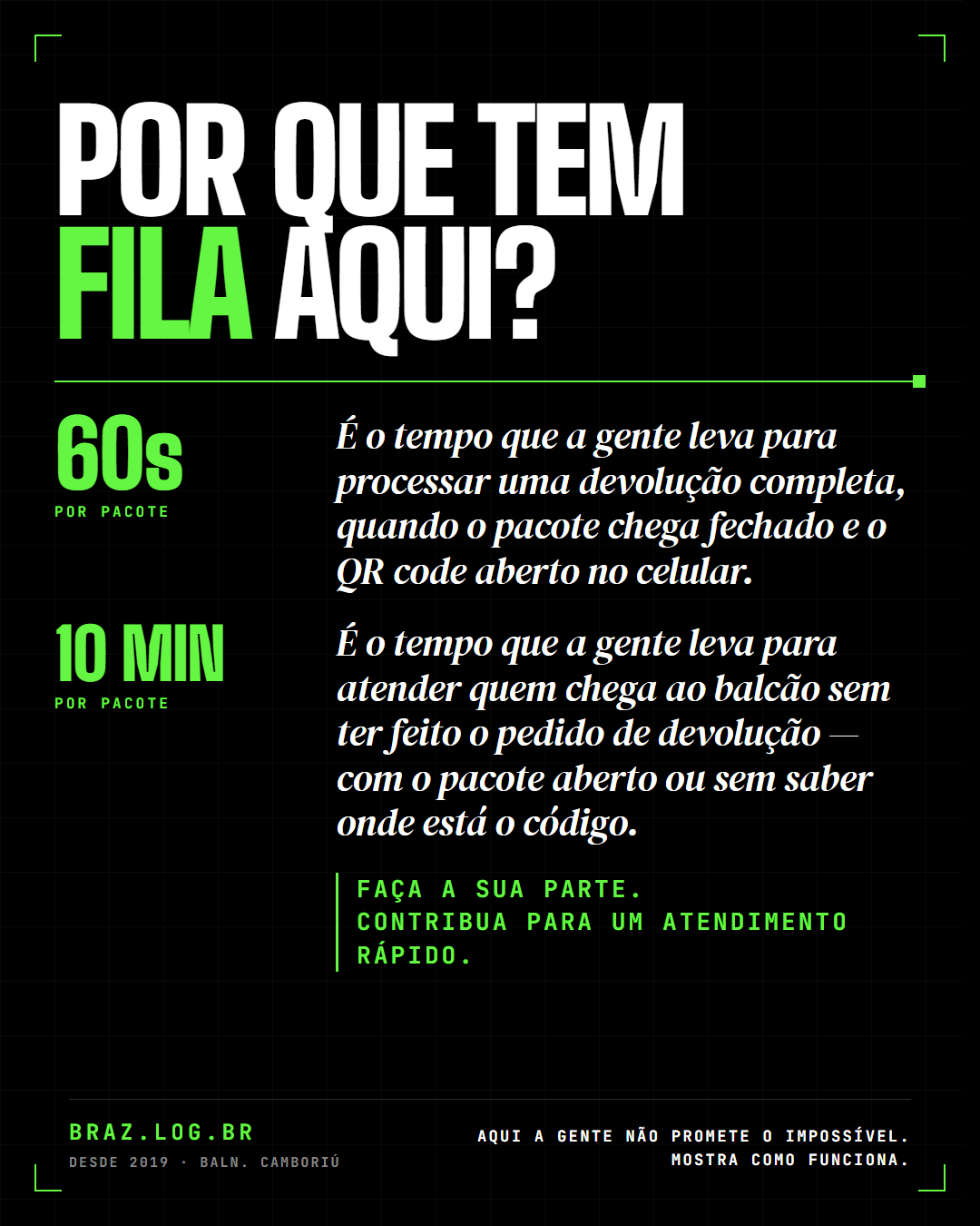 Brazito no balcão da Braz Log explicando o porquê de existir fila em ponto de coleta, com pacotes organizados ao fundo